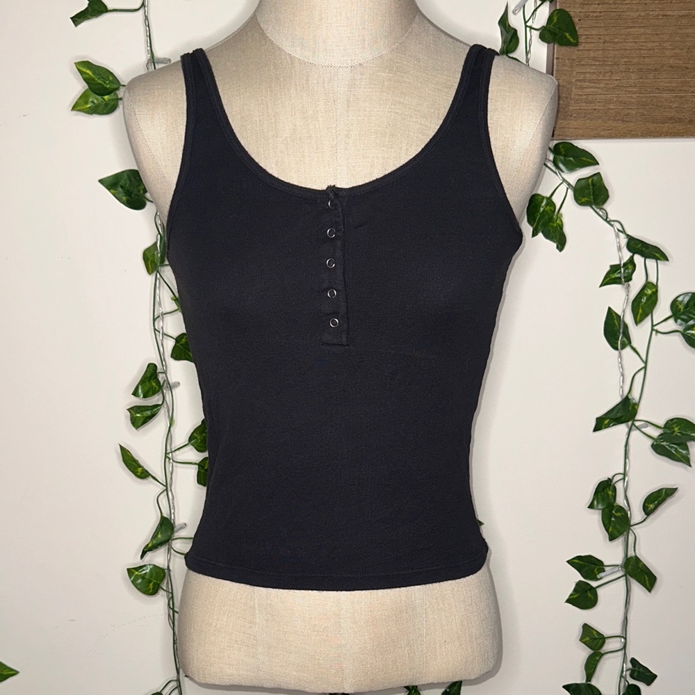 Brandy Melville Dark Navy Black Quarter Button Tank Top